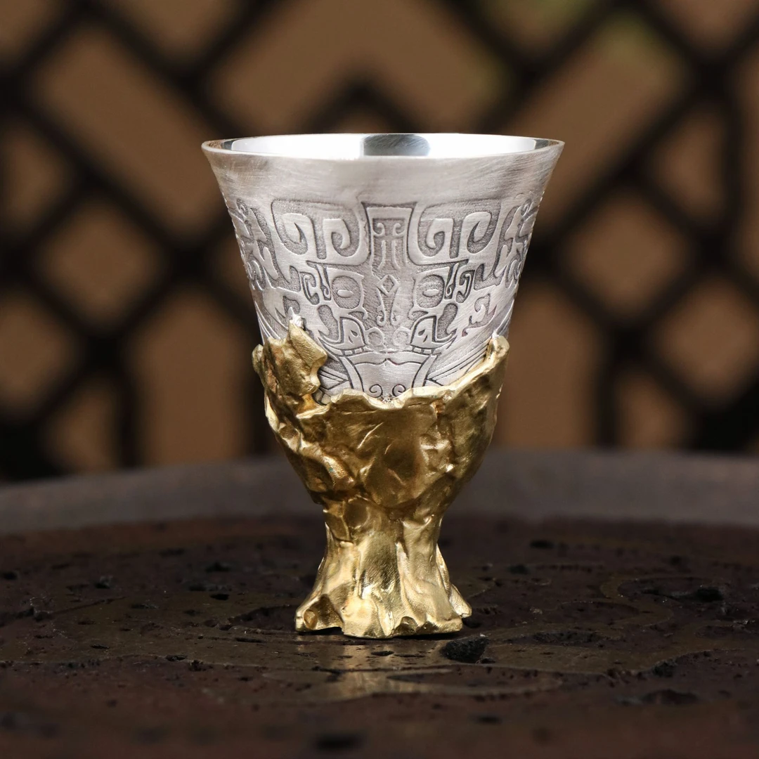 欲山行 足银999饕餮纹杯子镶嵌黄铜底座原创杯子