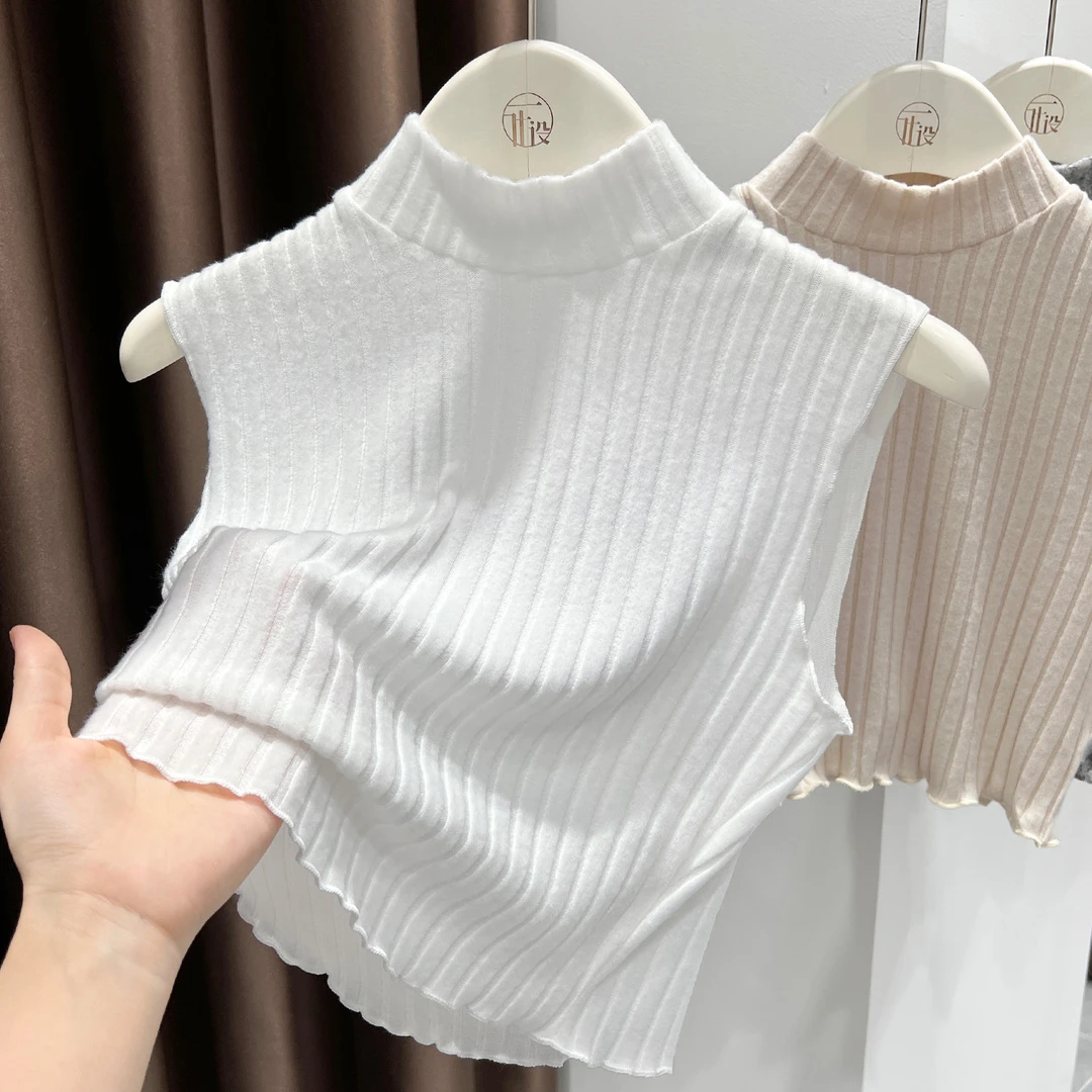 白色短款无袖坑条磨毛上衣女秋冬内搭新款半高领针织衫洋气小背心