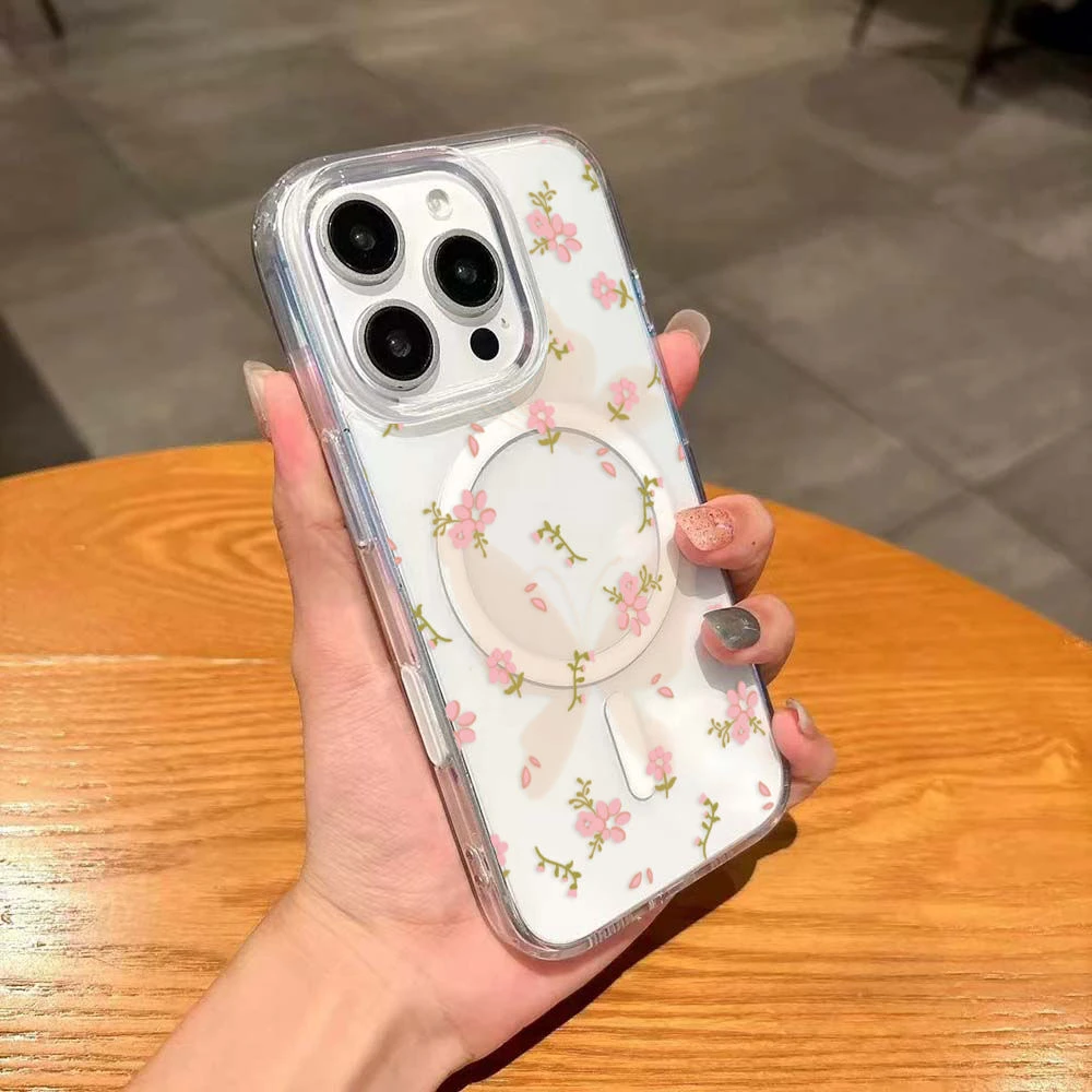 碎花蝴蝶适用iPhone16PROMAX带AI相机按键磁吸手机壳15/13防摔11x