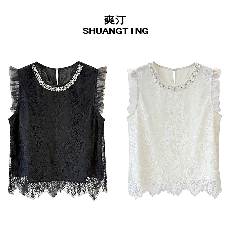 Jokara/丘可儿【听风起】夏季时尚蕾丝短袖T恤圆领纯色镶钻气质百搭