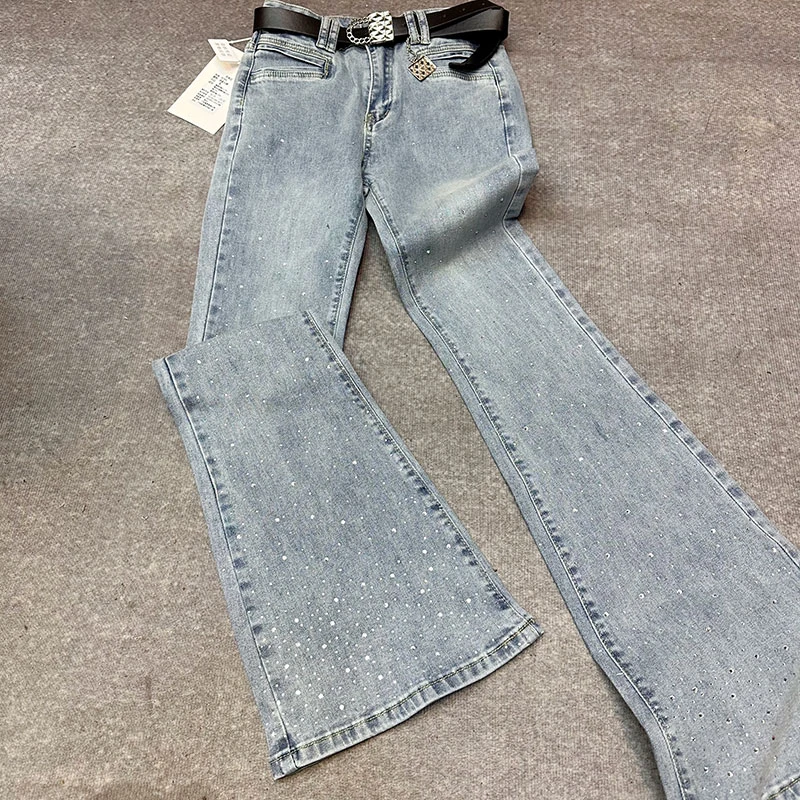 808 重工烫钻高腰微喇显腿长牛仔裤女