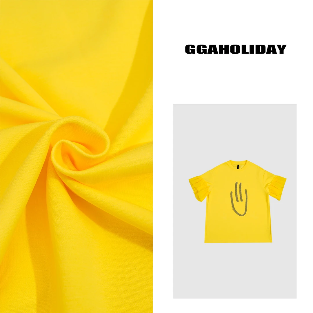 GGAHOLIDAY时尚宽松休闲镶钻气质荷叶袖黄色短袖T恤上衣-152426