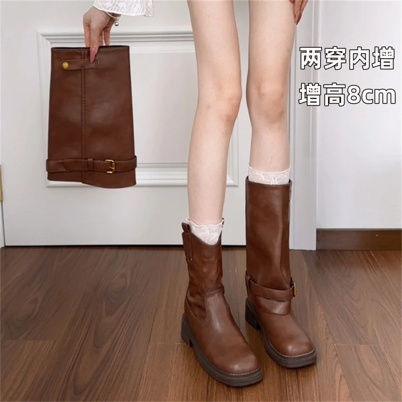 复古长筒短筒靴女2025新款皮带扣骑士靴不过膝内增高两穿靴