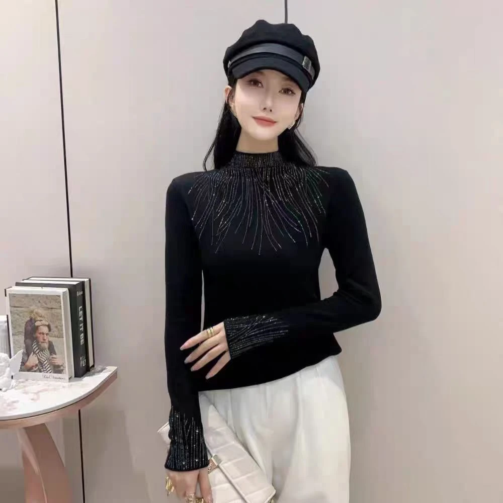 半高领有弹力长袖常规款螺纹T恤加绒宽松百搭休闲女士洋气2862