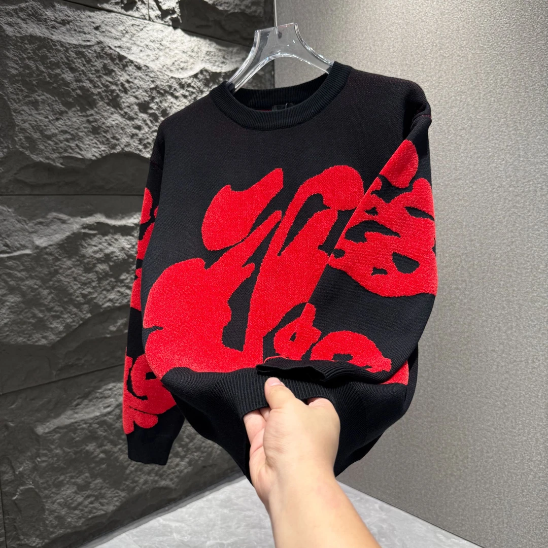 2024冬季情侣年款红色时尚保暖圆领长袖毛衣9838