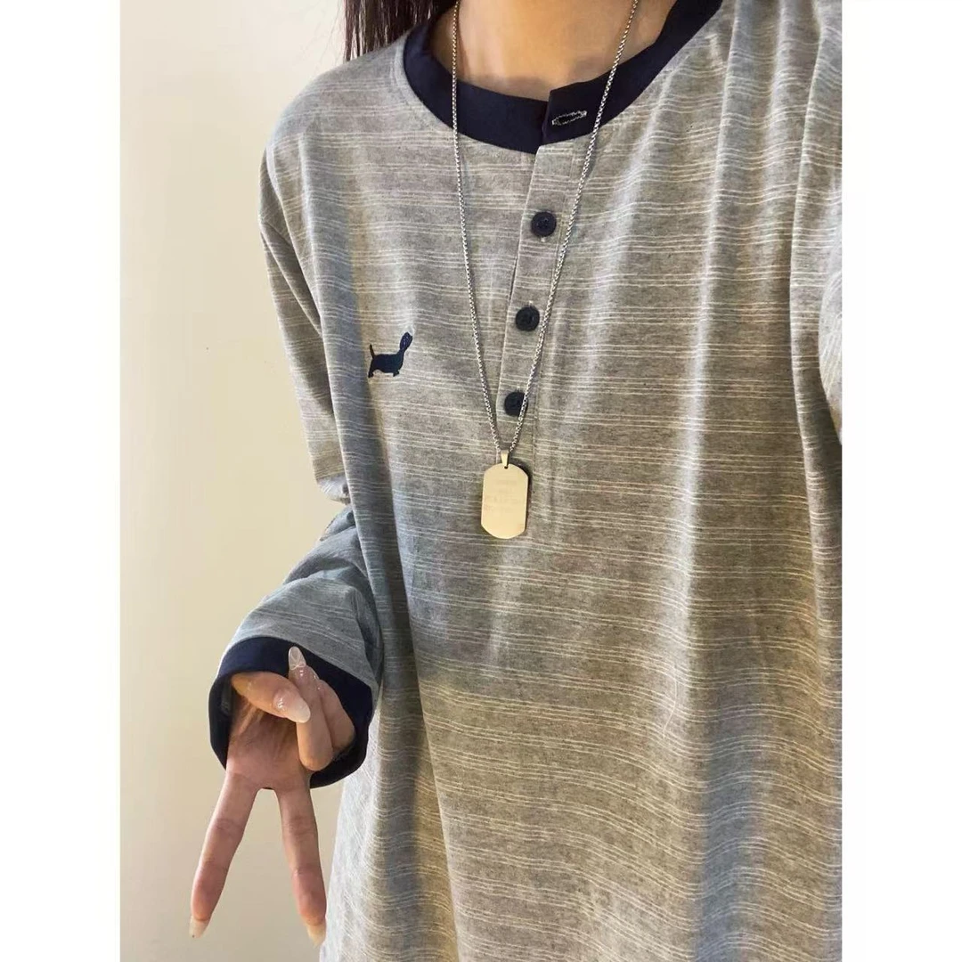 亨利领小狗刺绣条纹长袖t恤男女秋季慵懒风松弛感卫衣内搭打底衫