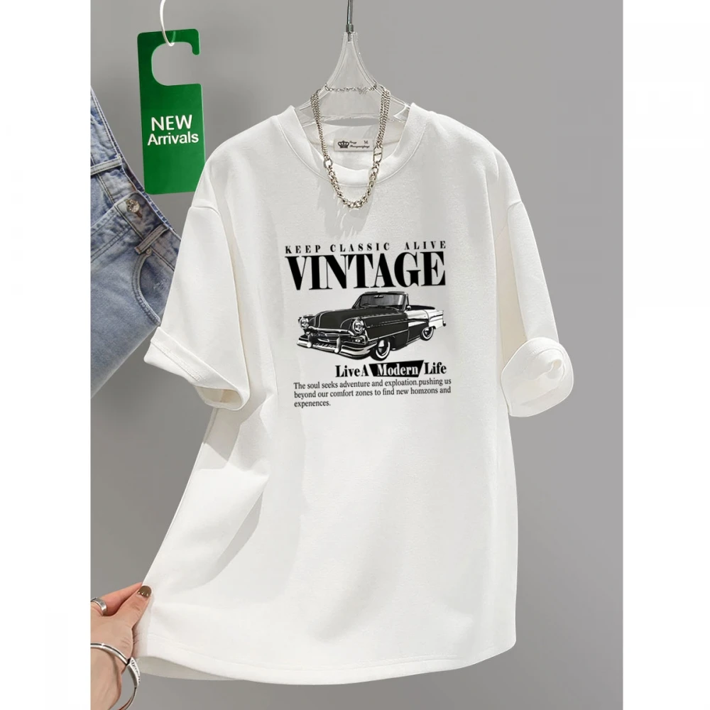 白色复古风卡通汽车短袖t恤女2025新款夏季纯棉大版百搭宽松上衣