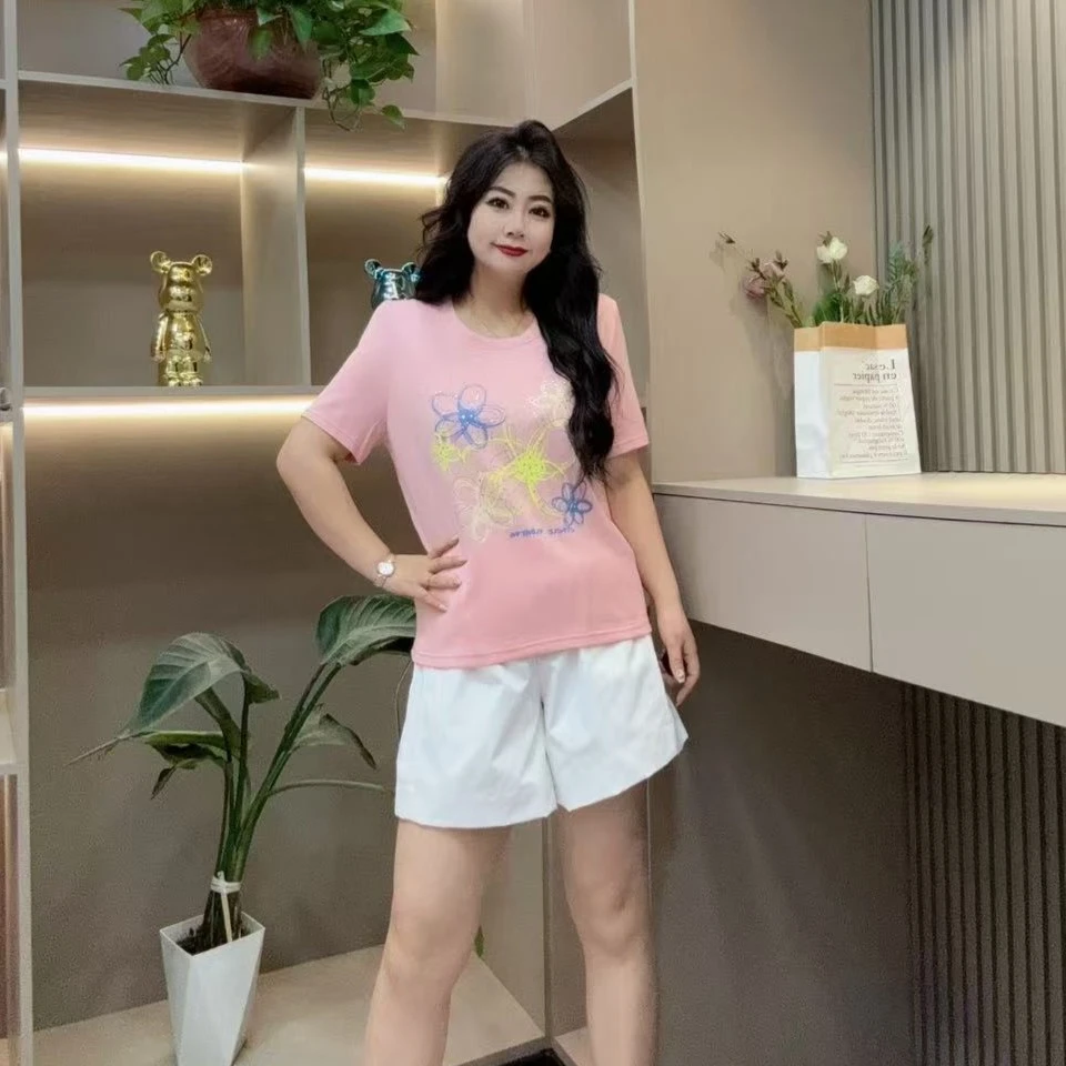 夏季半袖-千 68096 时尚洋气潮流亮闪涂鸦显瘦款胖MM大码女装新款