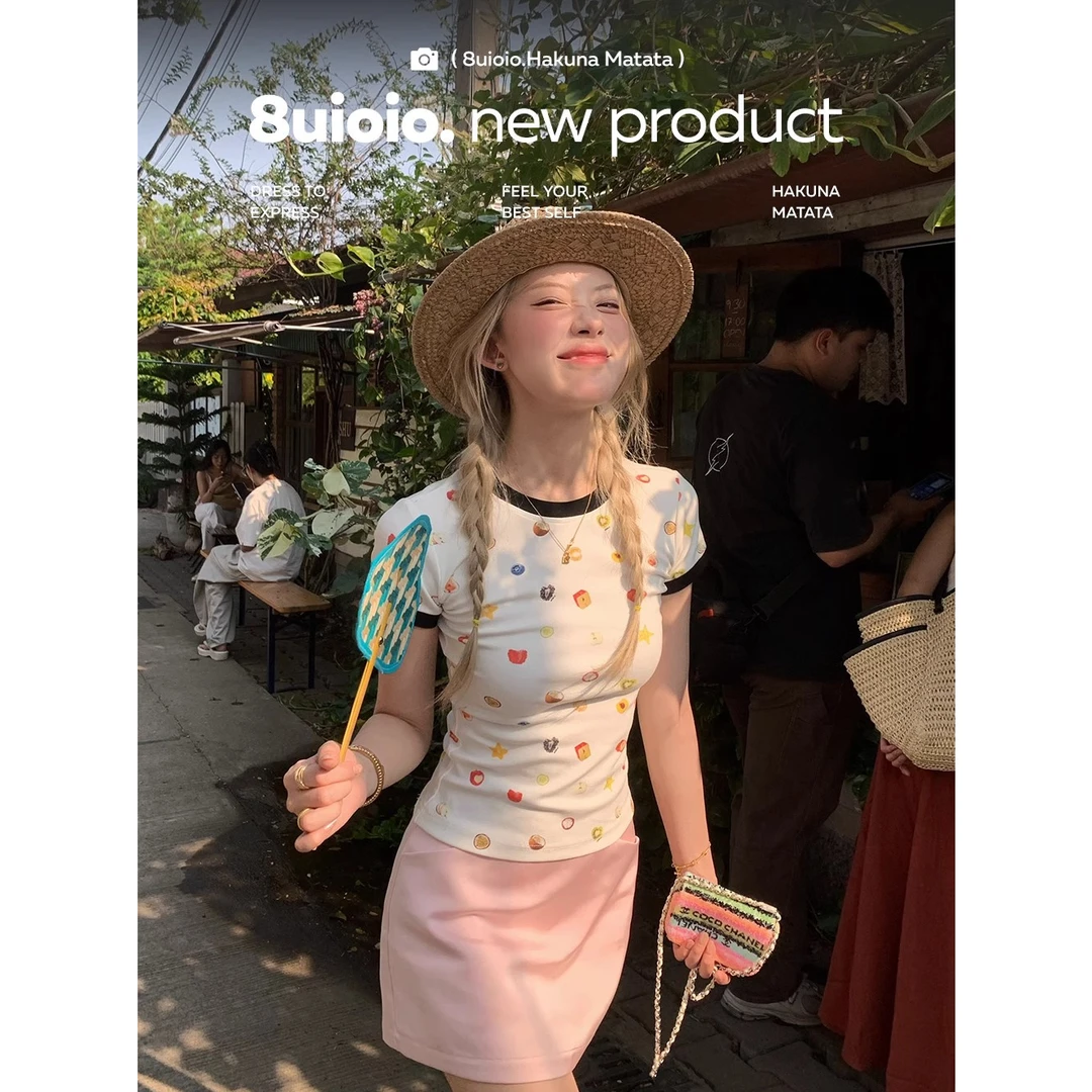 8uioio 海派甜心 水果kitty印花正肩短袖t恤女夏2025新款修身上衣