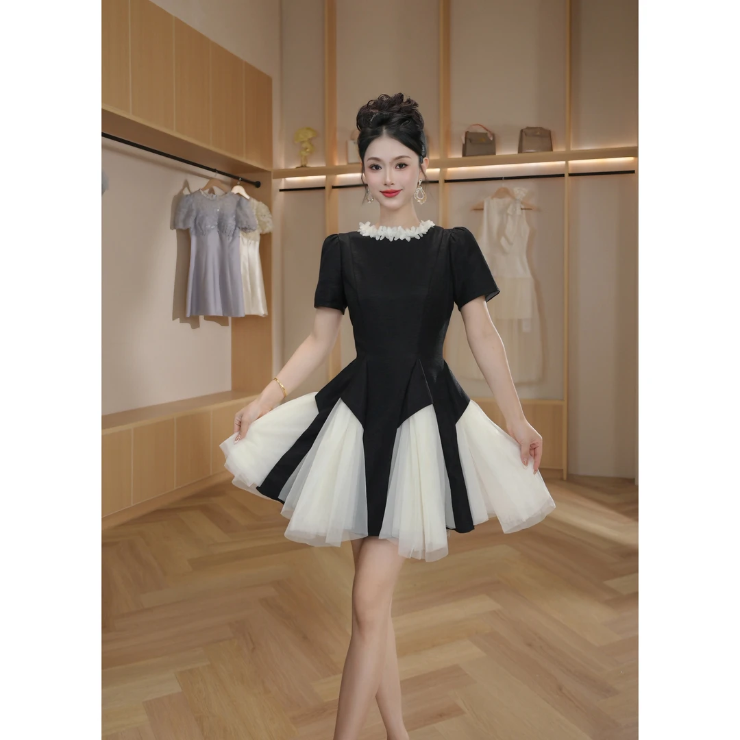 【设计师定制】显瘦气质轻奢夏季黑色名媛宴会高贵复古连衣裙65351