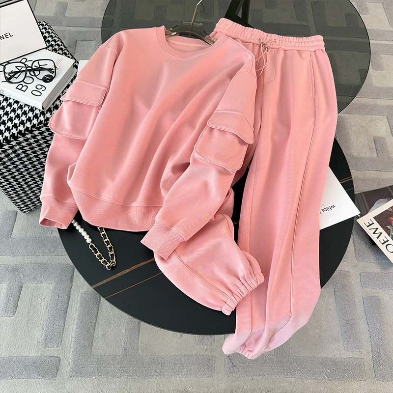 韩系气质简洁运动套装女春季新款衣袖口袋设计感卫衣束脚裤两件套