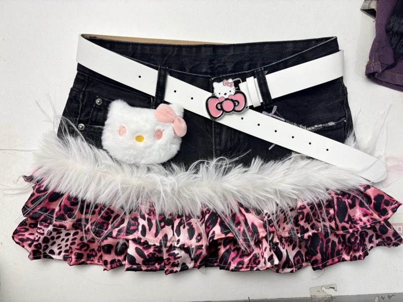 拼接短裙y2k手作牛仔裙子蕾丝时尚百搭卡通甜美暗黑性感日系