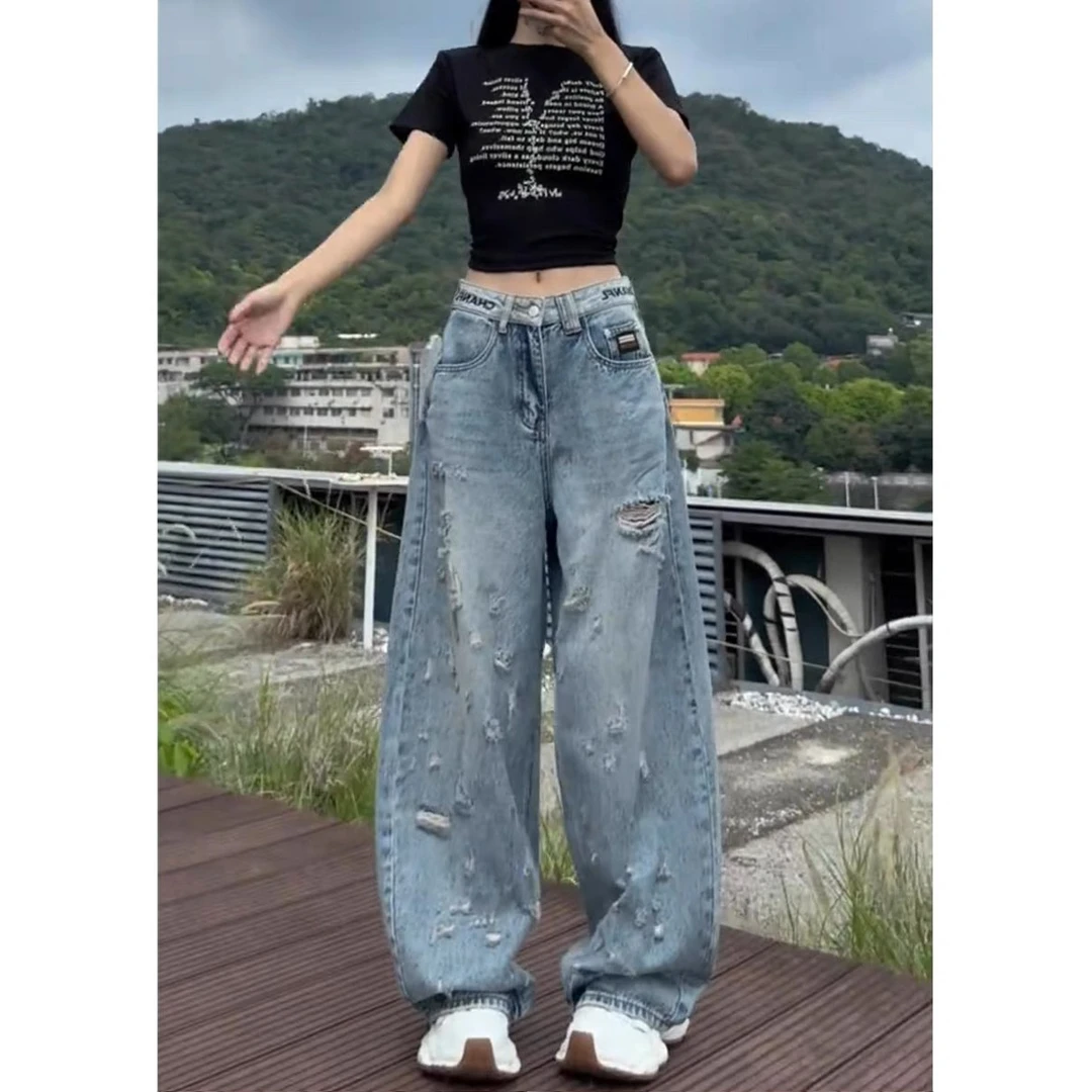 欧货复古水洗破洞阔腿牛仔裤女夏季新款高腰宽松显瘦直筒拖地裤子