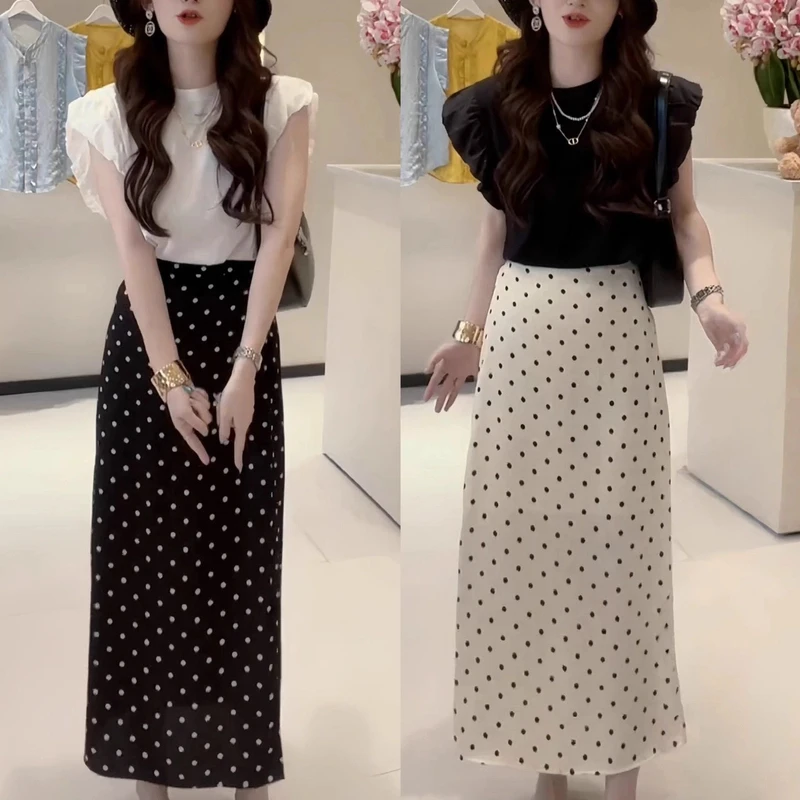 夏天女款设计感无袖上衣夏季女装新款时尚洋气百搭波点半身裙套装