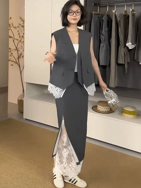 韩版时尚气质通勤灰色套装女2025夏季新款蕾丝拼接西装马甲半身裙