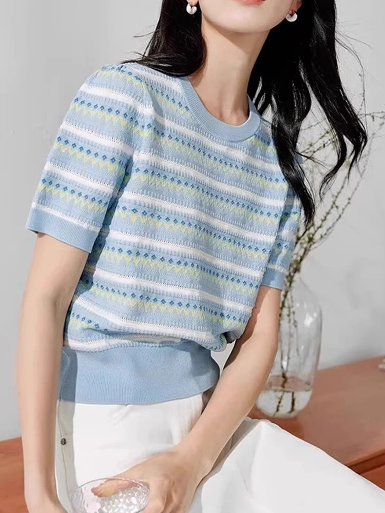 【大码】746彩虹条纹短袖针织衫夏季新款减龄百搭显瘦圆领正肩体恤