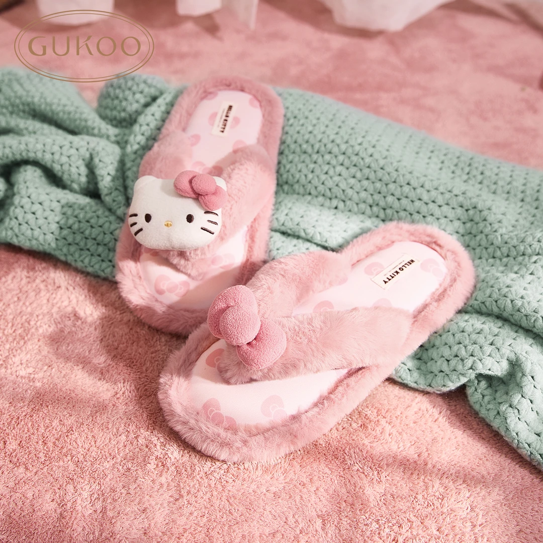 Gukoo/果壳hellokitty系列毛绒人字拖粉色可爱少女厚底