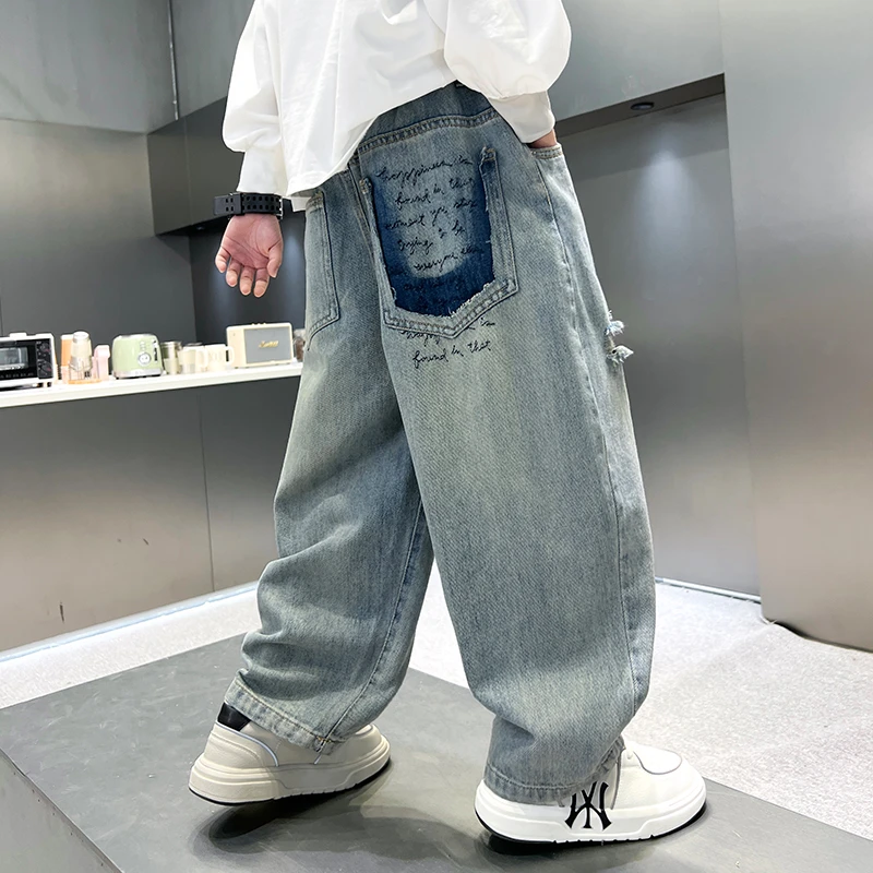 男童春秋款牛仔裤2025新款春季时髦儿童阔腿裤【奇斯熊】A5057