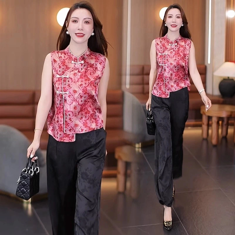 新中式国风套装女2025夏季新款洋气显瘦无袖上衣阔腿裤复古两件套