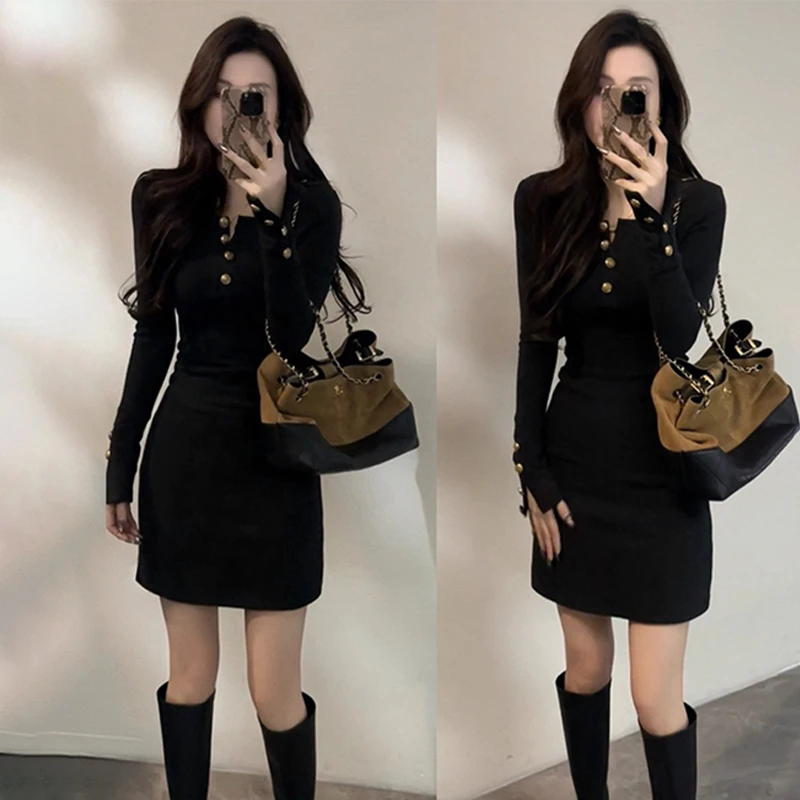 法式轻奢御姐气质加绒黑色连衣裙女2025新款冬季内搭打底包臂短裙
