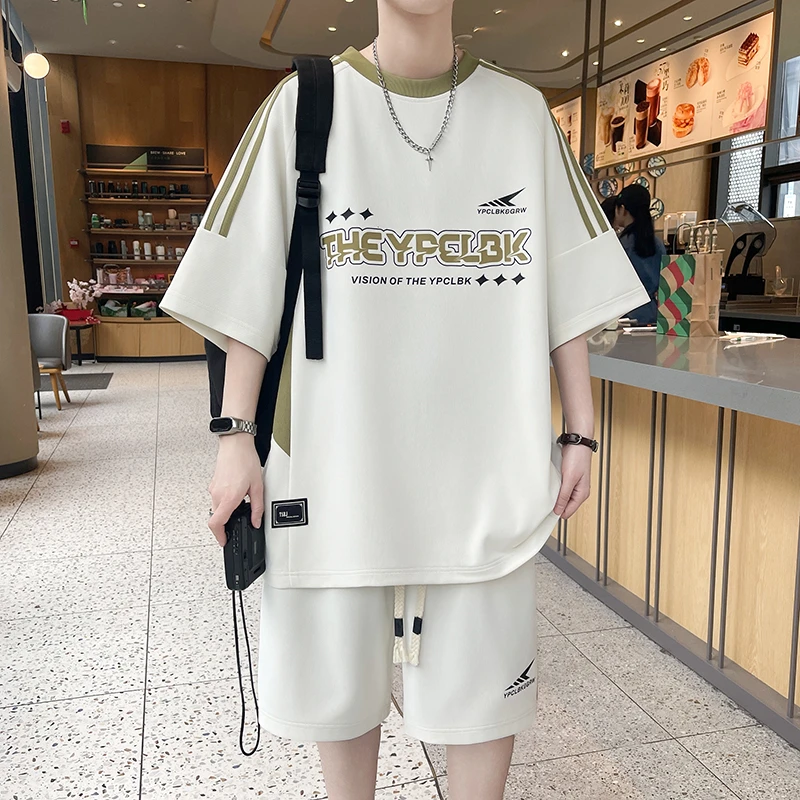2025夏季青少年男士休闲运动套装港风百搭宽松学生短袖T恤两件套