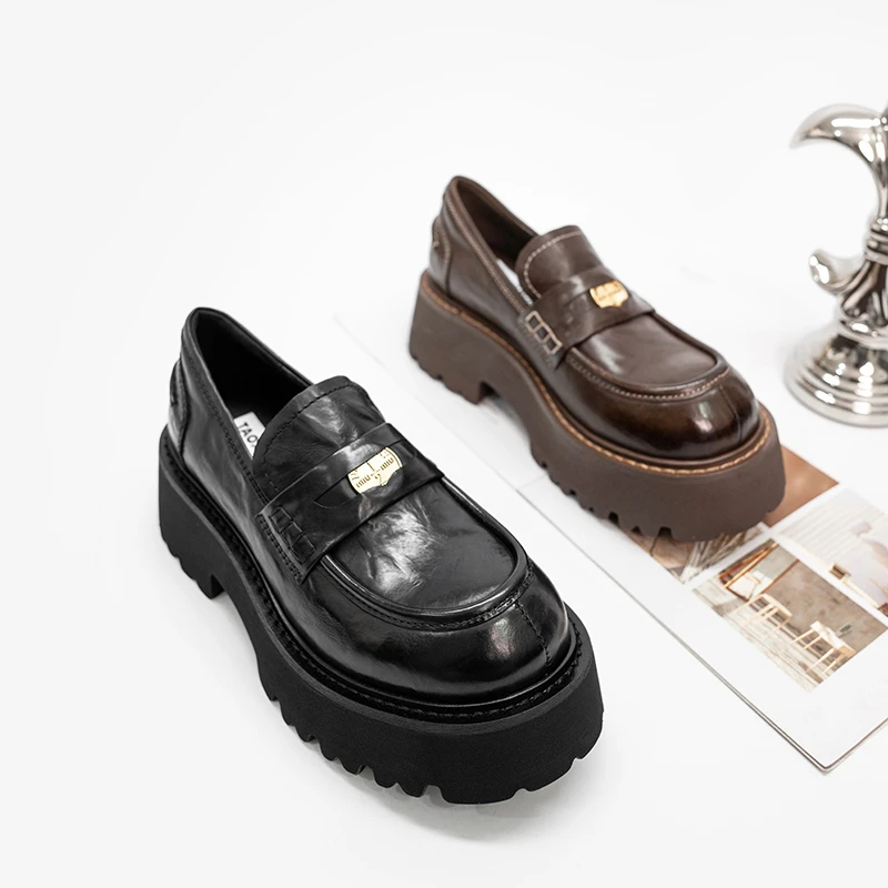 厚底小皮鞋女胎牛皮春季新款英伦风真皮金币单鞋复古一脚蹬乐福鞋