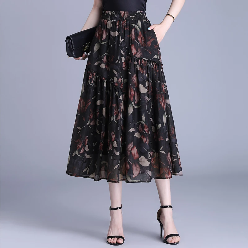 松紧腰复古半身裙印花A字女裙子2025夏季新款垂感显瘦中长大摆裙