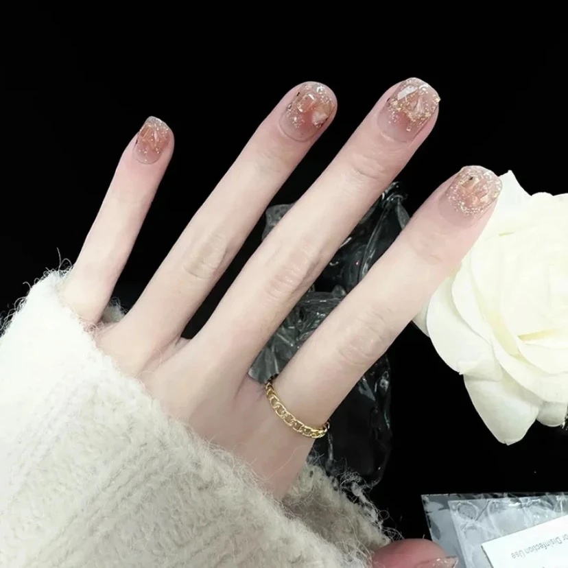 419-1短款香槟之夜24片装穿戴式美甲简约爆闪带钻成品假指甲贴片