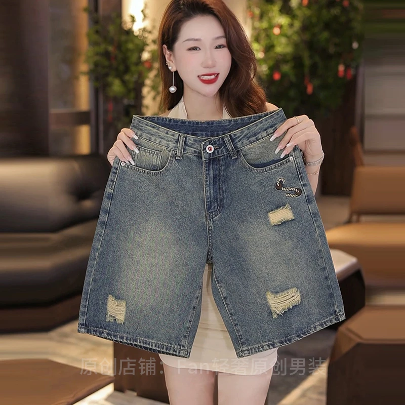 2025夏季五分破洞男士牛仔裤时尚个性刺绣中分裤怀旧蓝休闲百搭裤