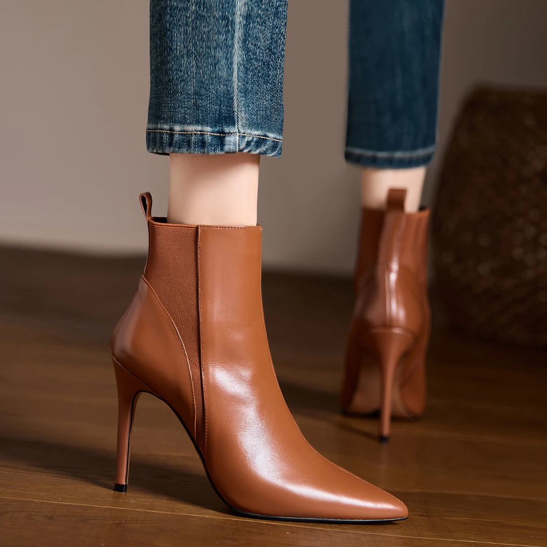 小个子手工女鞋10.5cm~新款尖头复古牛皮细跟高跟时装靴棕色短靴