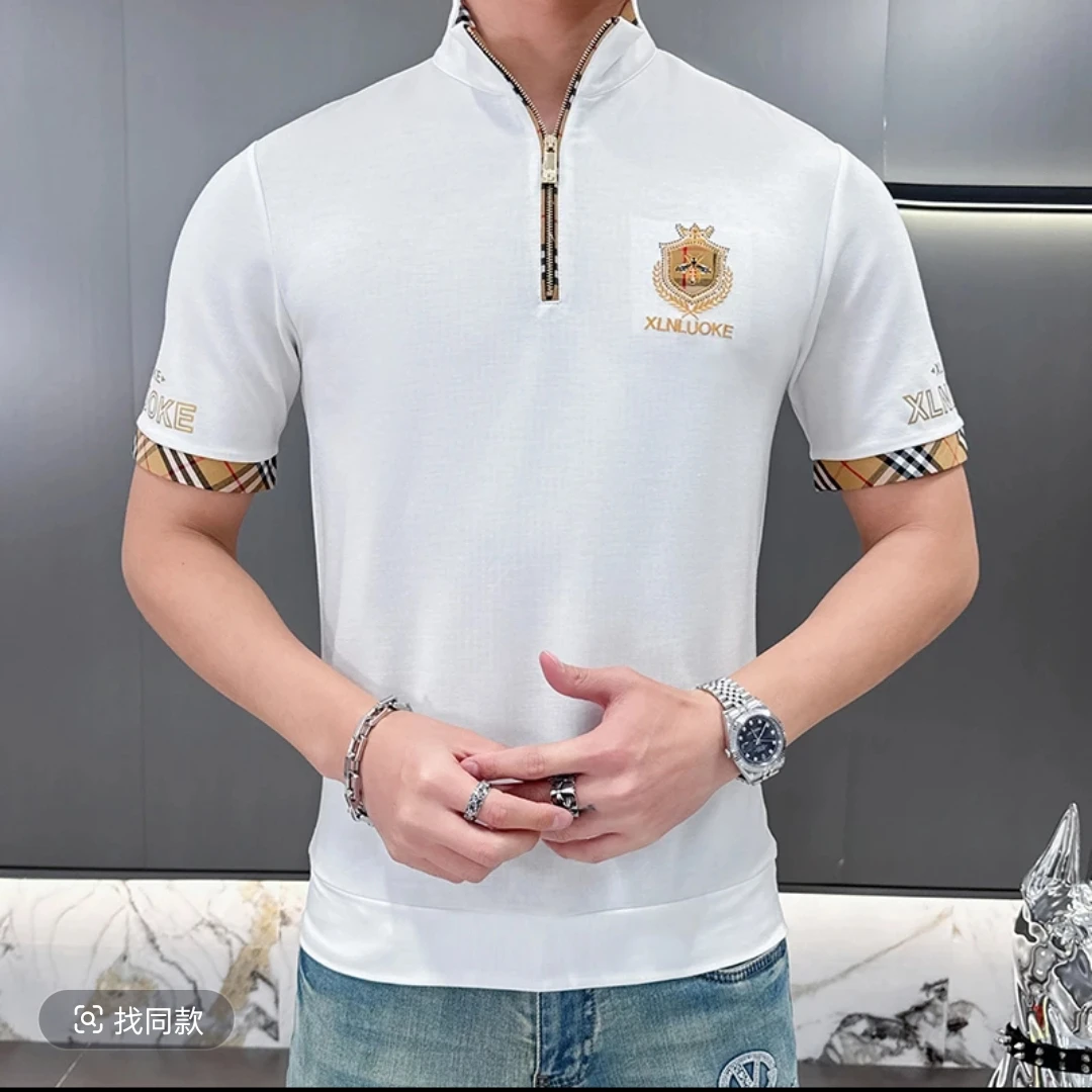 【名品定制】2025夏季男士休闲丝光太空棉立领短袖透气小蜜蜂刺绣