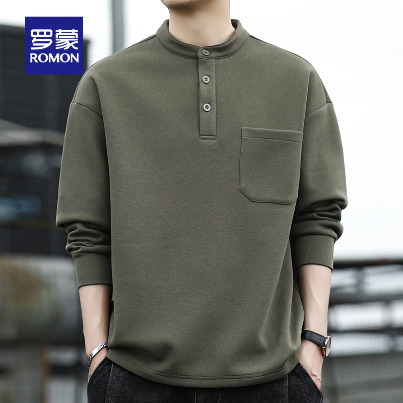 罗蒙春秋季纯色休闲男士长袖卫衣时尚潮流百搭休闲t恤纽扣打底衫