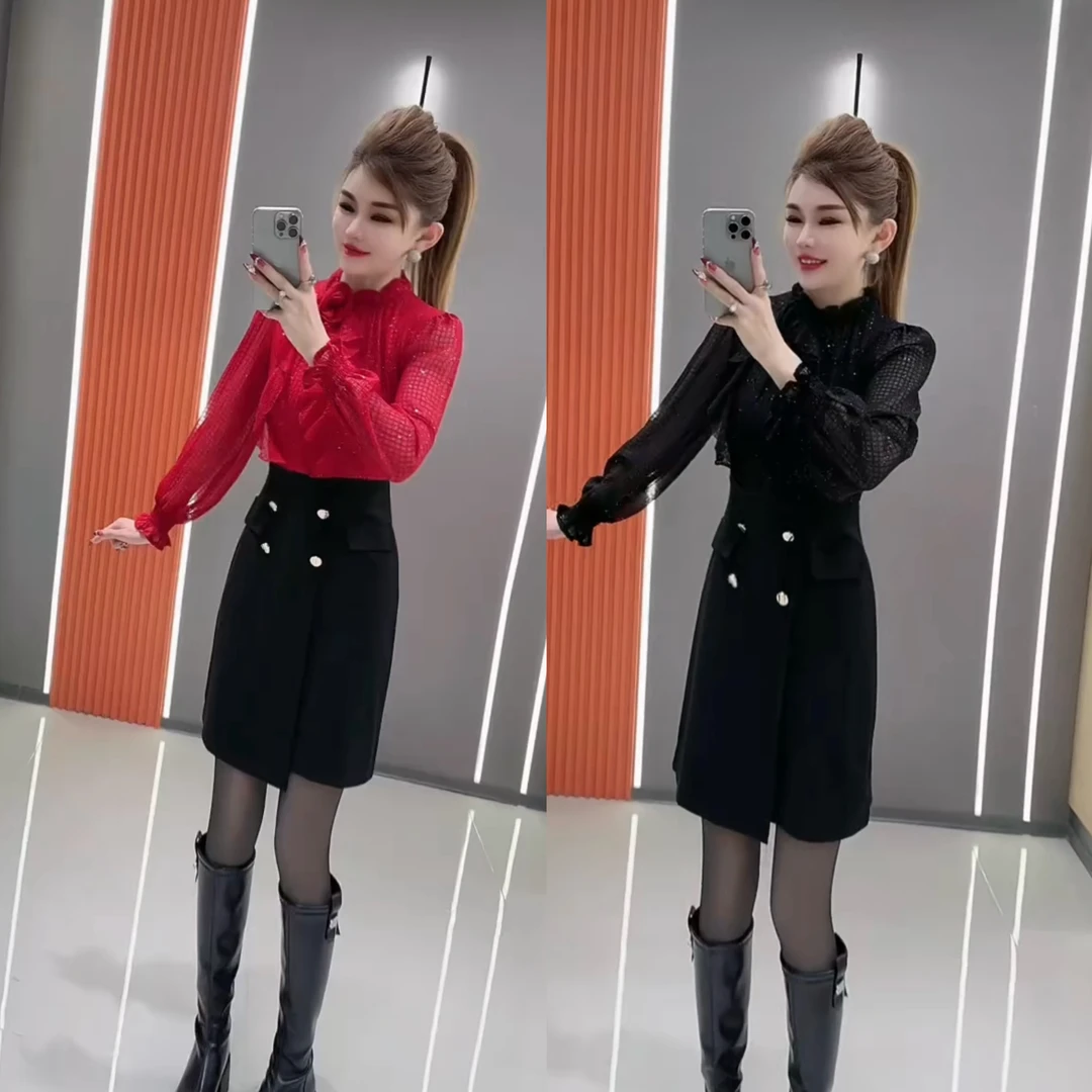 23332网红爆款时尚连衣裙2025春秋网纱拼接假两件开叉显瘦气质裙