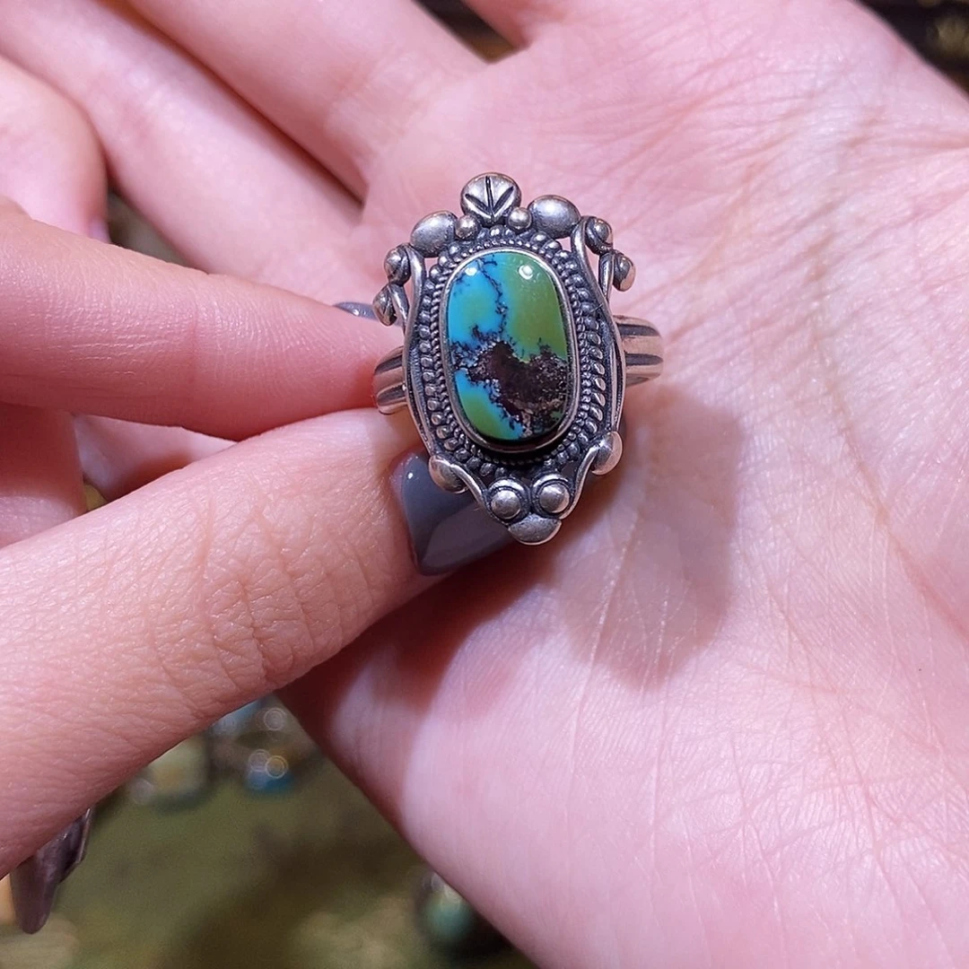 绿松石银S925镶嵌戒指棋*