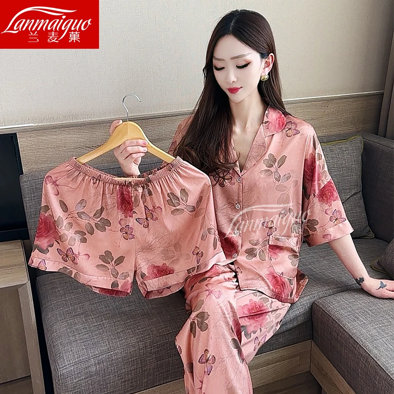 兰麦菓【复古玫瑰】新款春夏季轻奢睡衣女三件套中国风高级感家居服