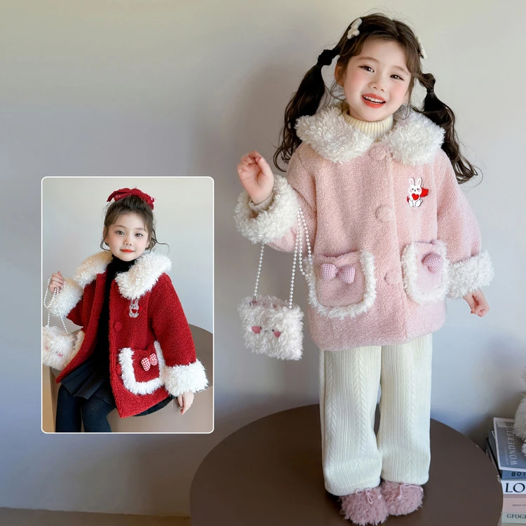 女童加绒加厚粉红色兔子耳朵翻领毛毛衣外套保暖冬装甜美洋气时尚