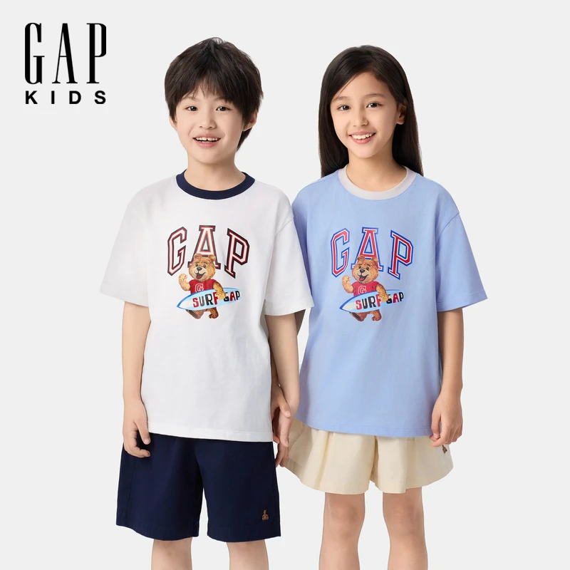 Gap【大小童同款】男女童2025夏季新款logo小熊棉T恤休闲短袖767143