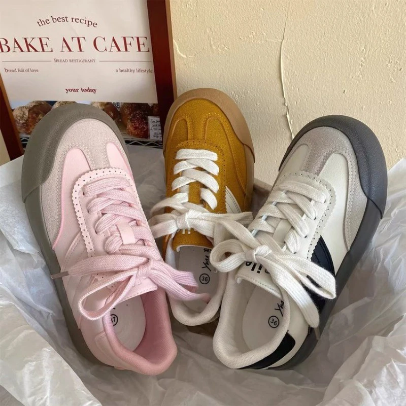 德训板鞋百搭2024新款批发跨境厚底拼色复古面包鞋大头胖胖蓬蓬鞋