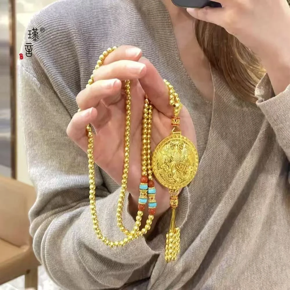 铜合金橄榄核项链 新中式古法镂空轻奢凤凰花丝香囊流苏精致项链