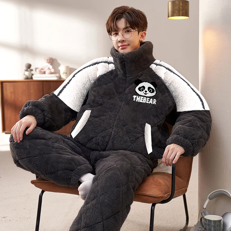 男款睡衣加绒加厚秋冬季保暖珊瑚绒青少年三层夹棉冬天家居服套装