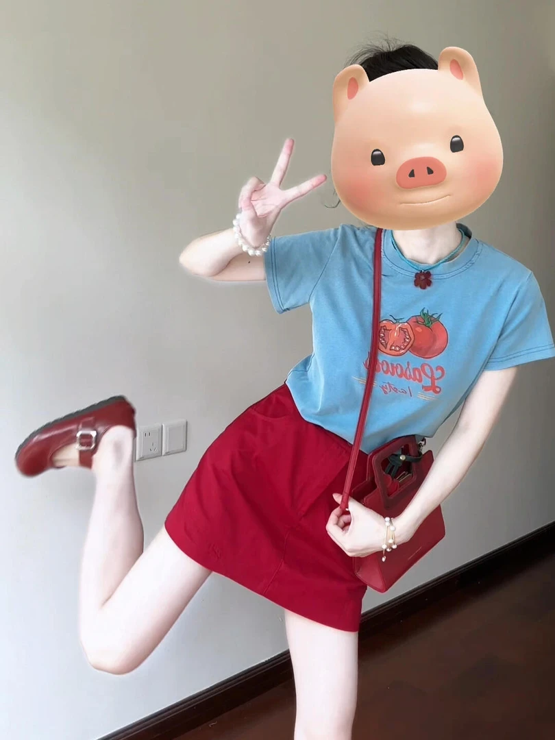 夏日多巴胺少女风一整套蓝色小众印花上衣红色气质短款半身裙套装