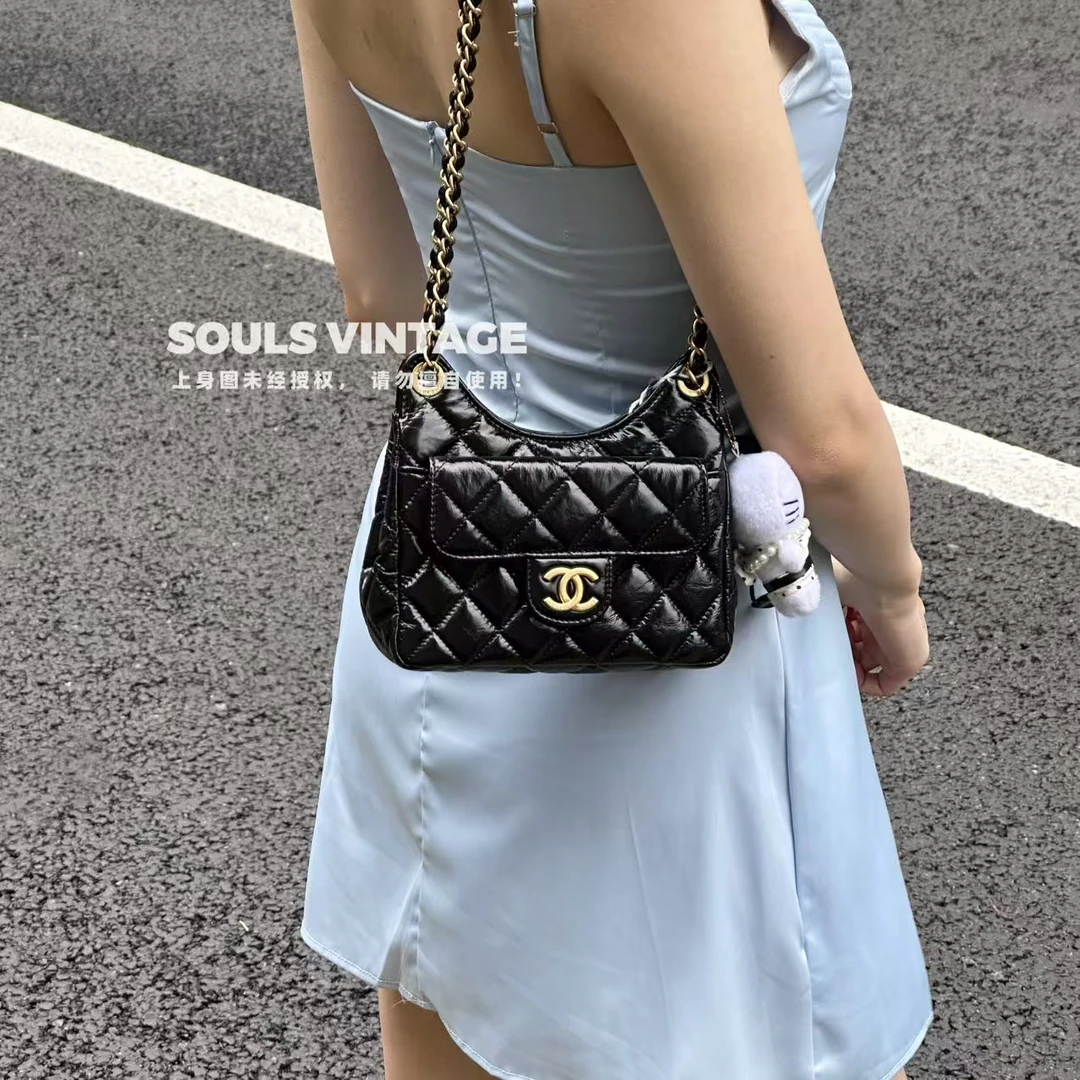 95新 Chanel/香奈儿 黑金油蜡牛皮天猫精灵小号 可斜挎/605360820