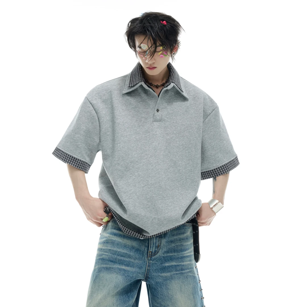 ArguE CulturE小众复古格子Polo衫假两件拼接简约贵气短袖T恤夏季