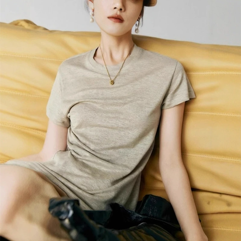 老钱风正肩冰丝亚麻短袖t恤女夏季2025新款薄款体恤宽松圆领上衣