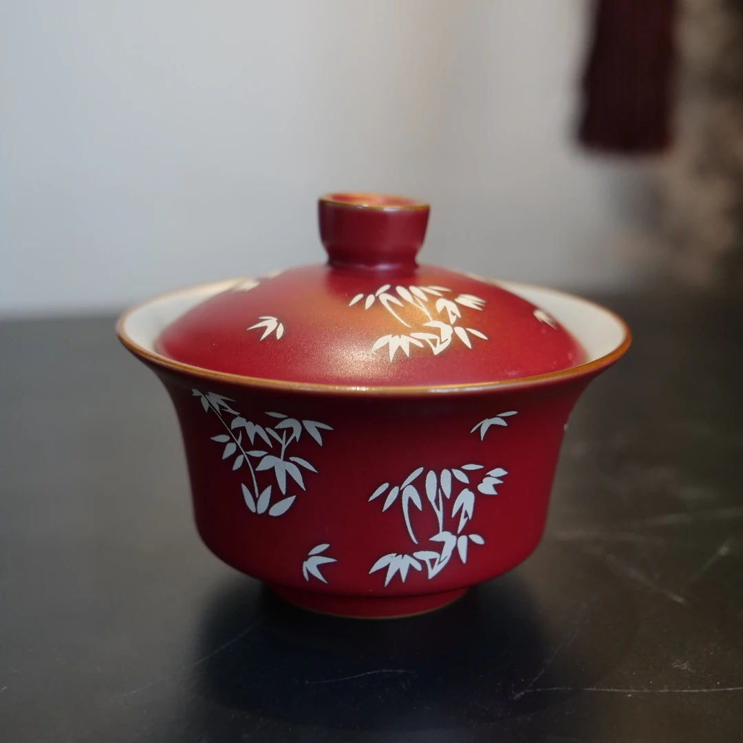 四海【红色银竹不秋草二才盖碗】精美中式陶瓷茶具盖碗容量100ml