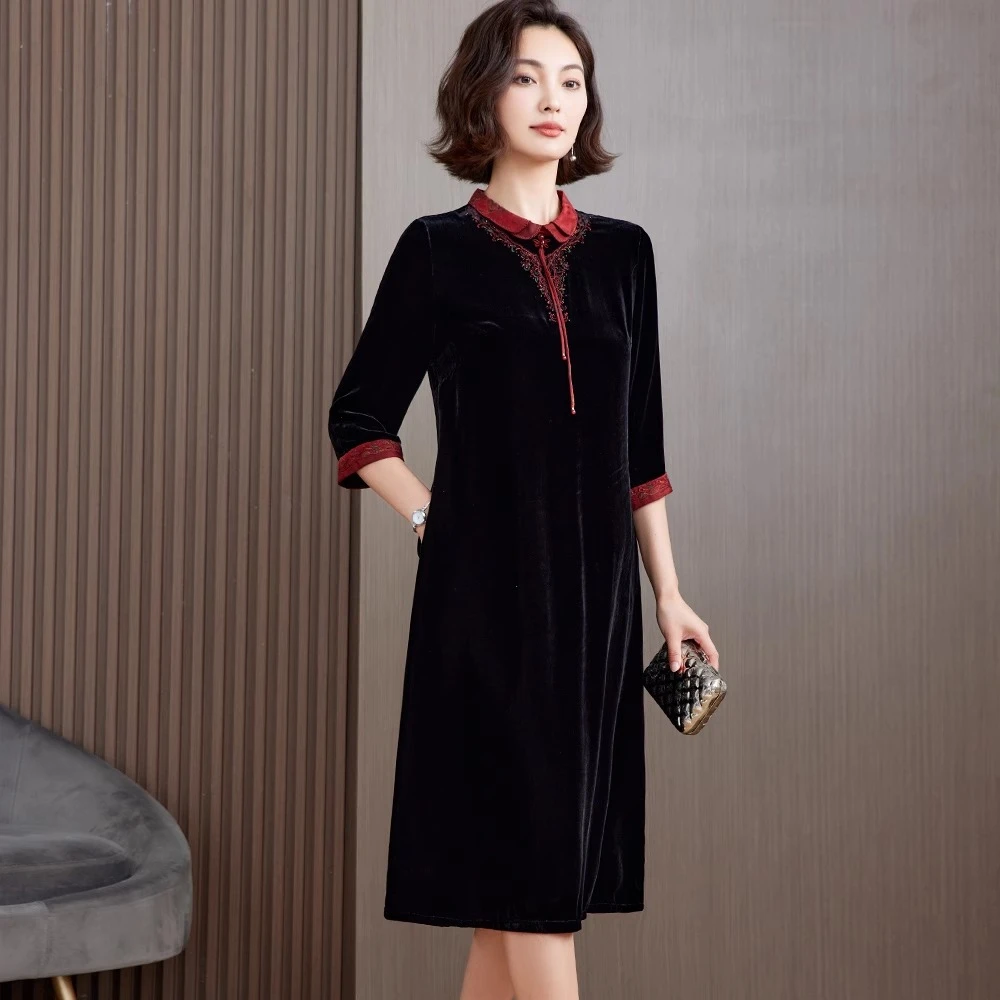 小个子丝绒连衣裙真丝丝绒黑色连衣裙女植绒秋季2025新款宽松显瘦