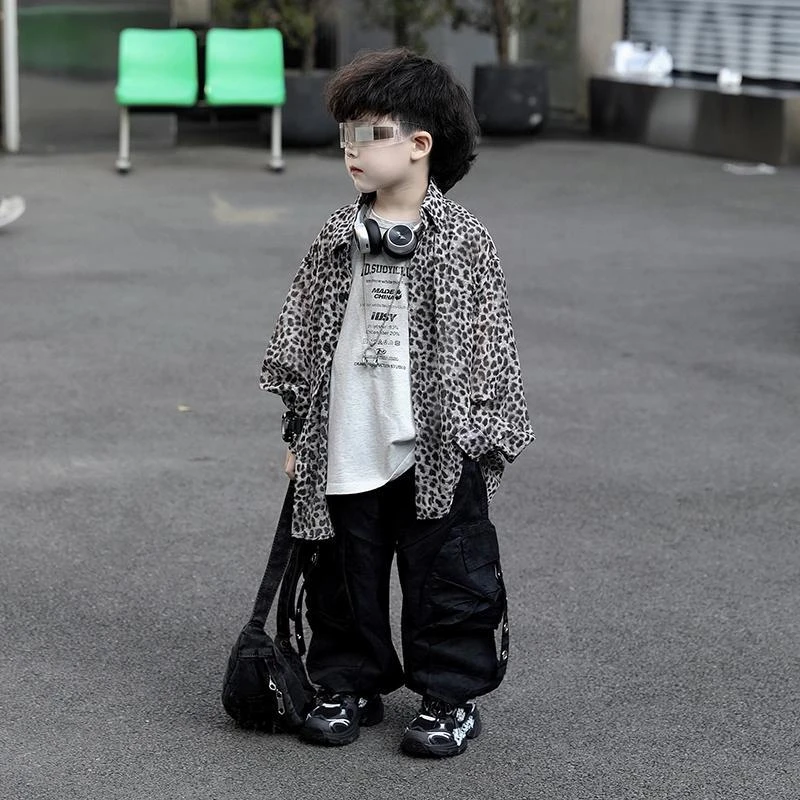 儿童薄款衬衫套装春夏新款男童豹纹衬衣防晒衣韩版时尚工装裤背心
