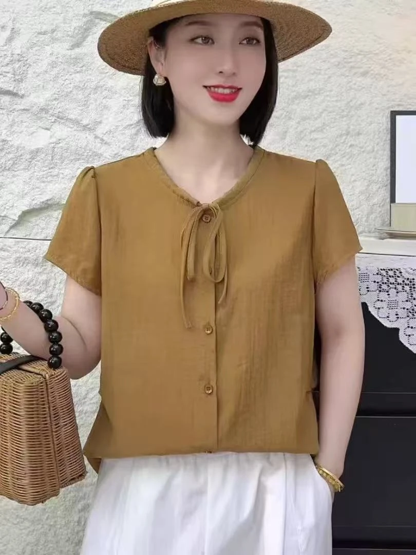 【慕喜】2025夏季洋气纯色减龄细带短袖上衣A206
