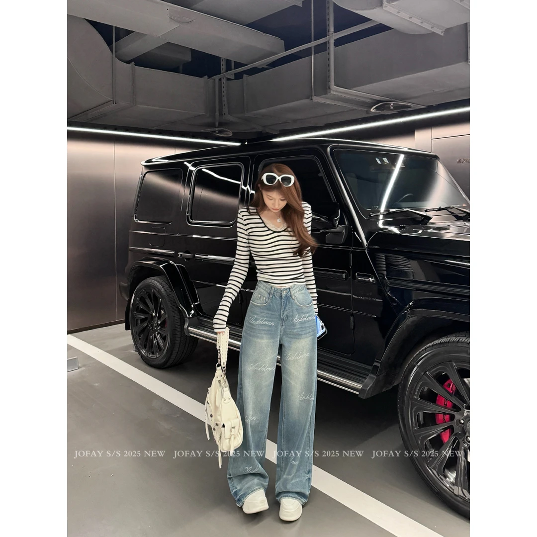 “字母钻钻裤”高腰蕾丝边字母牛仔裤 K1558/538号