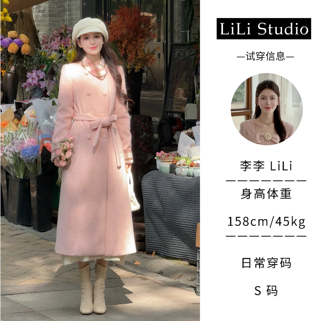【克拉恋人】LiLi韩系温柔风粉色夹棉棉服毛呢大衣XMZH5435